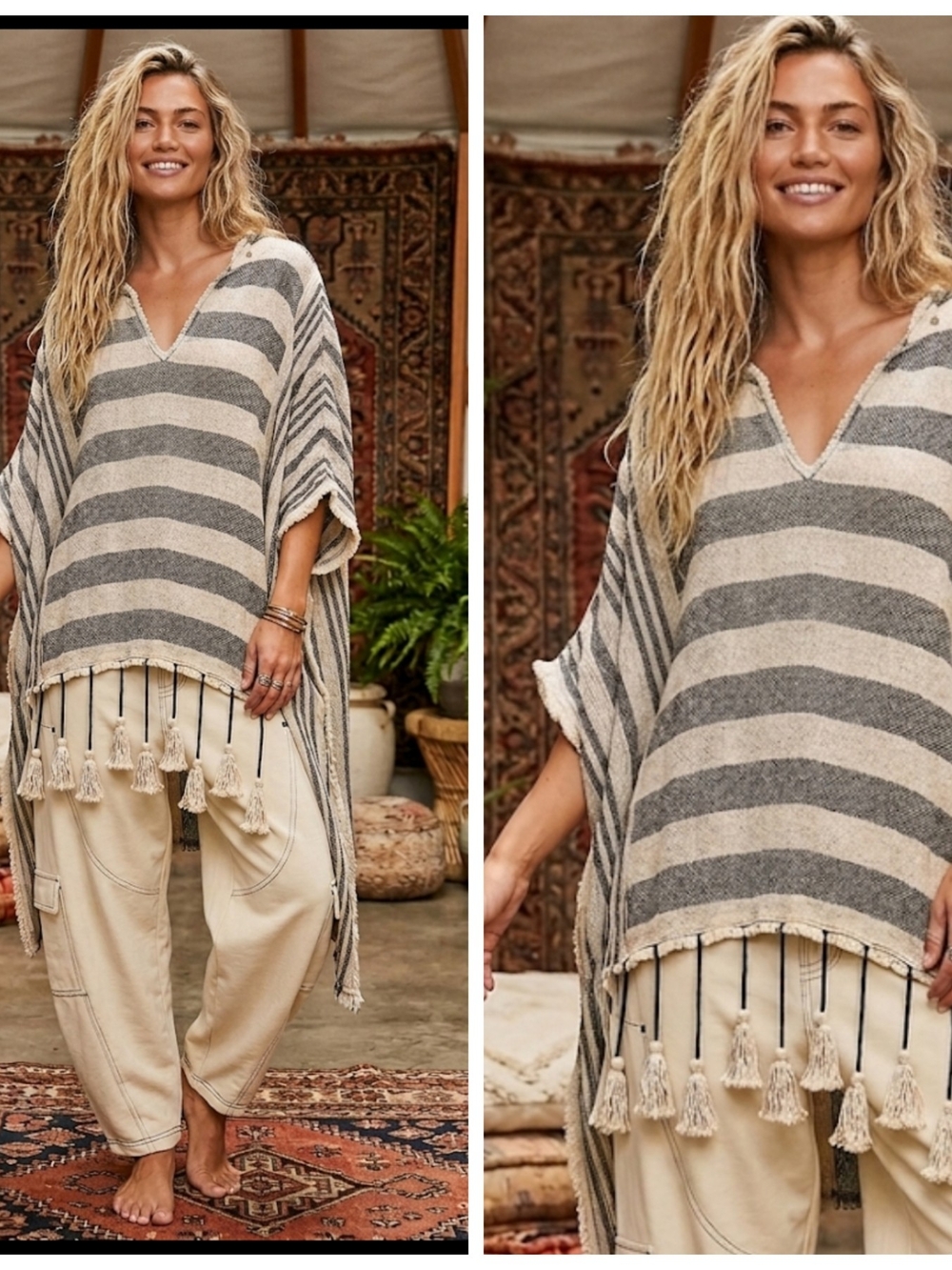 POL Striped V-Neck Poncho Kimono in Gray and Cream High Low Top